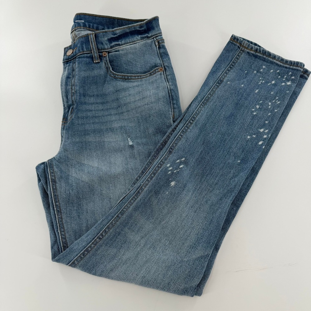 Old Navy Boyfriend Jeans Distressed Paint Splatter Women 8 Tall Blue